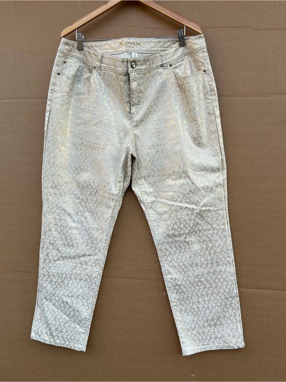 Chico’s Platinum Ankle Pants Jeans Metallic Gold Grey Women’s sz3 XL Diamond